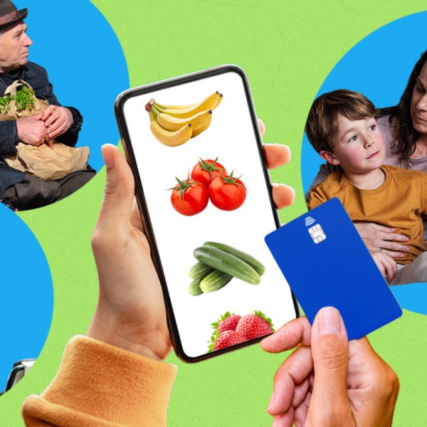 Illustration of different people purchasing produce on a mobile phone
