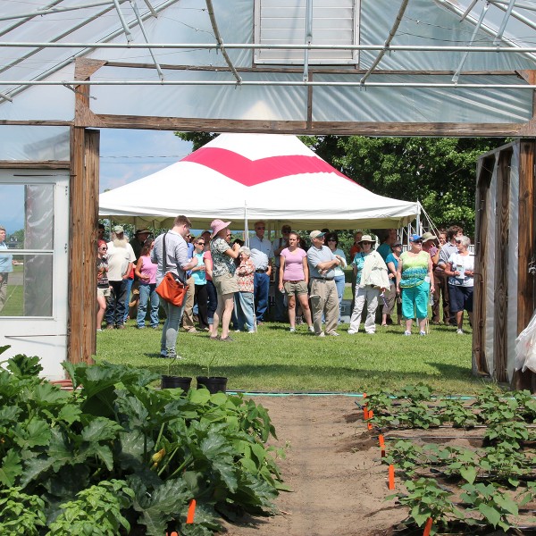 High tunnel, event tent, and a group of people