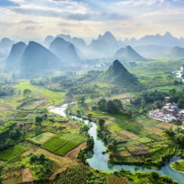 Birds eye view of a farming town in China