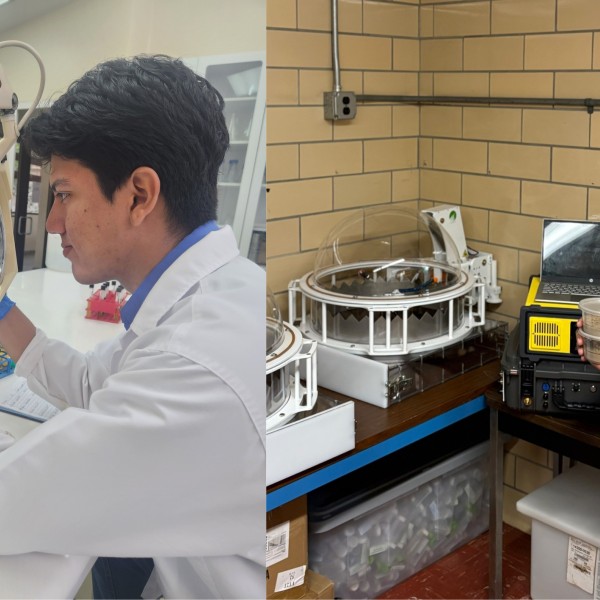On the left, a man looks into a mechanical device to examine a sample under UV light. On the right, a different man stands smiling, holding a small container of soil next to laboratory equipment.