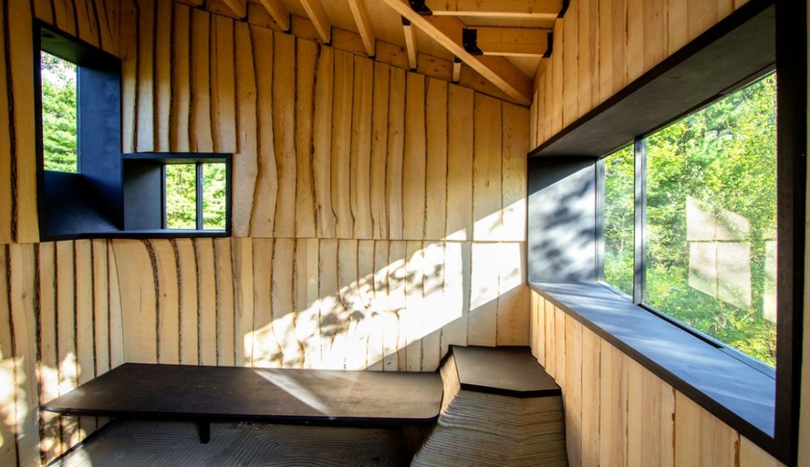 The interior of a wooden cabin 