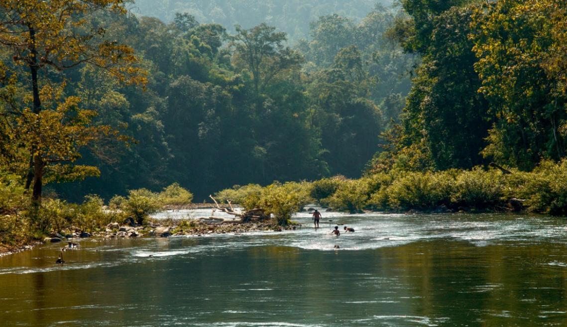 People standing in a river spearing fish