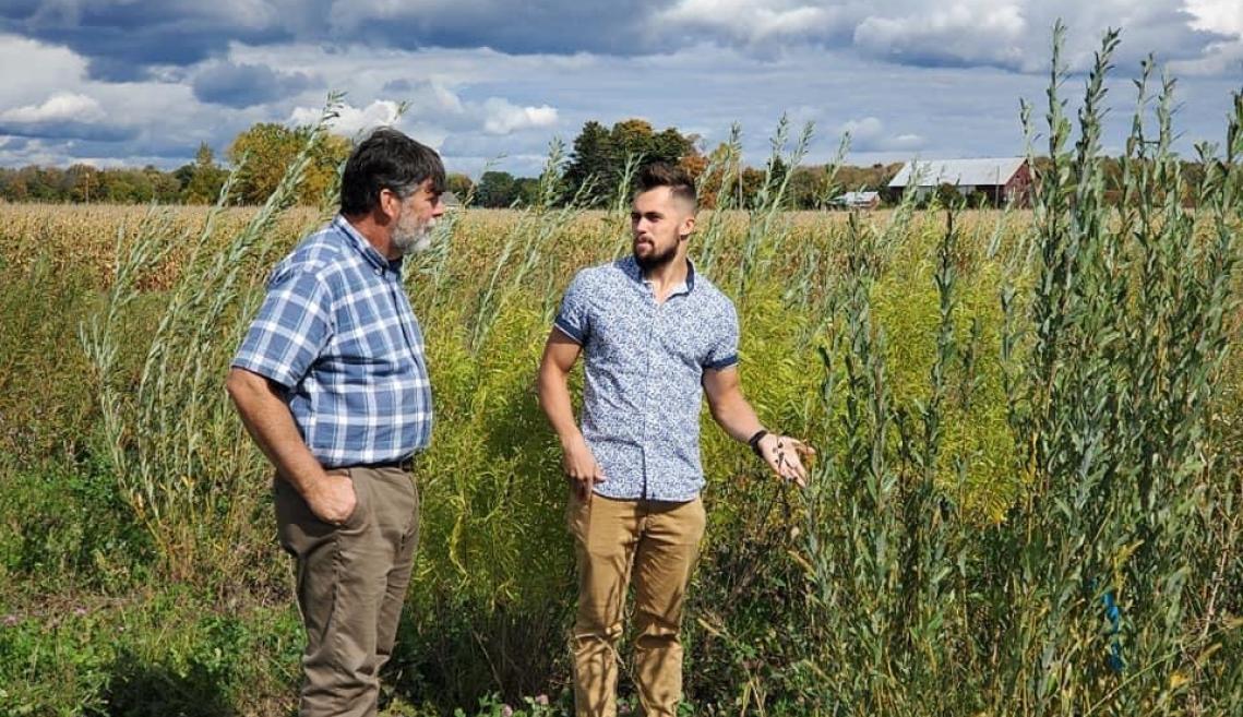 Two men standing in a field and talking