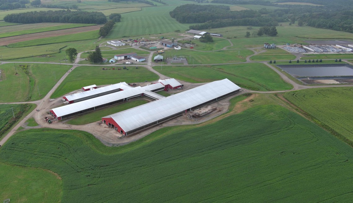 drone's eye view of a large dairy farm