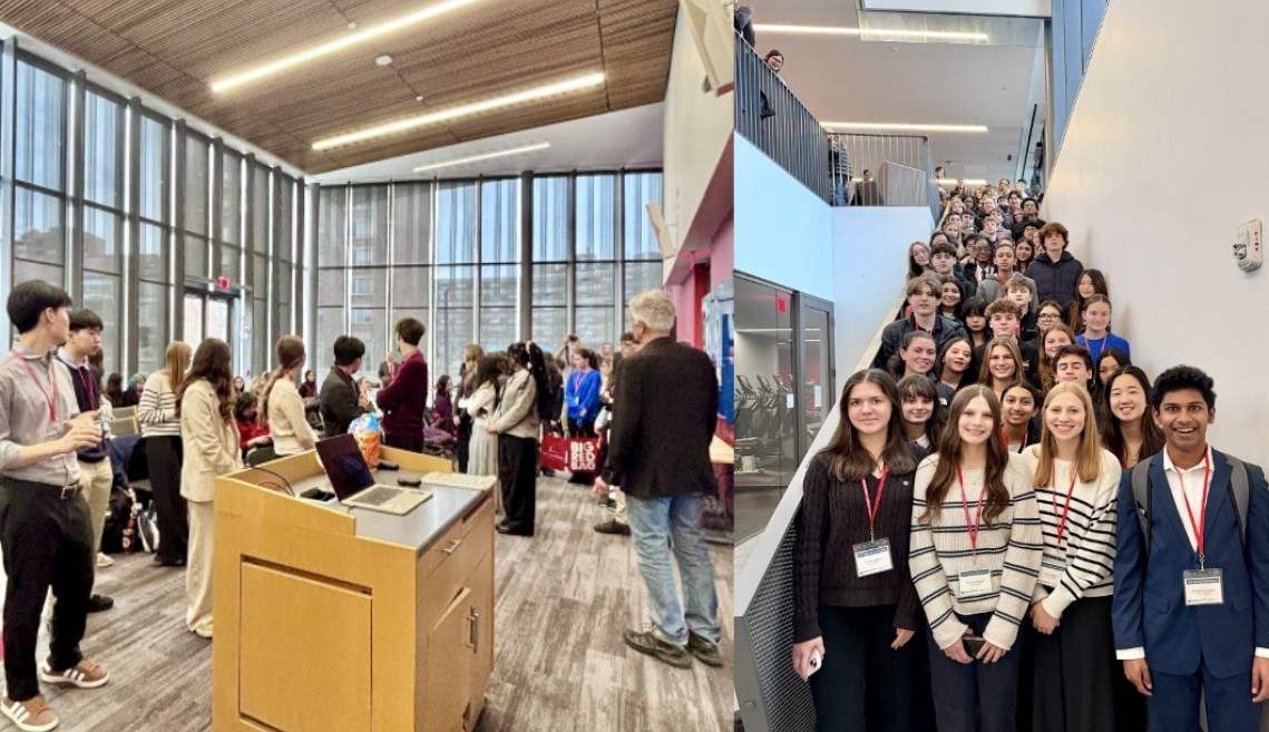 Mingling and sharing ideas around how to market kohlrabi (left), and group picture after attendees completed student roundtable panels at NYYI. 