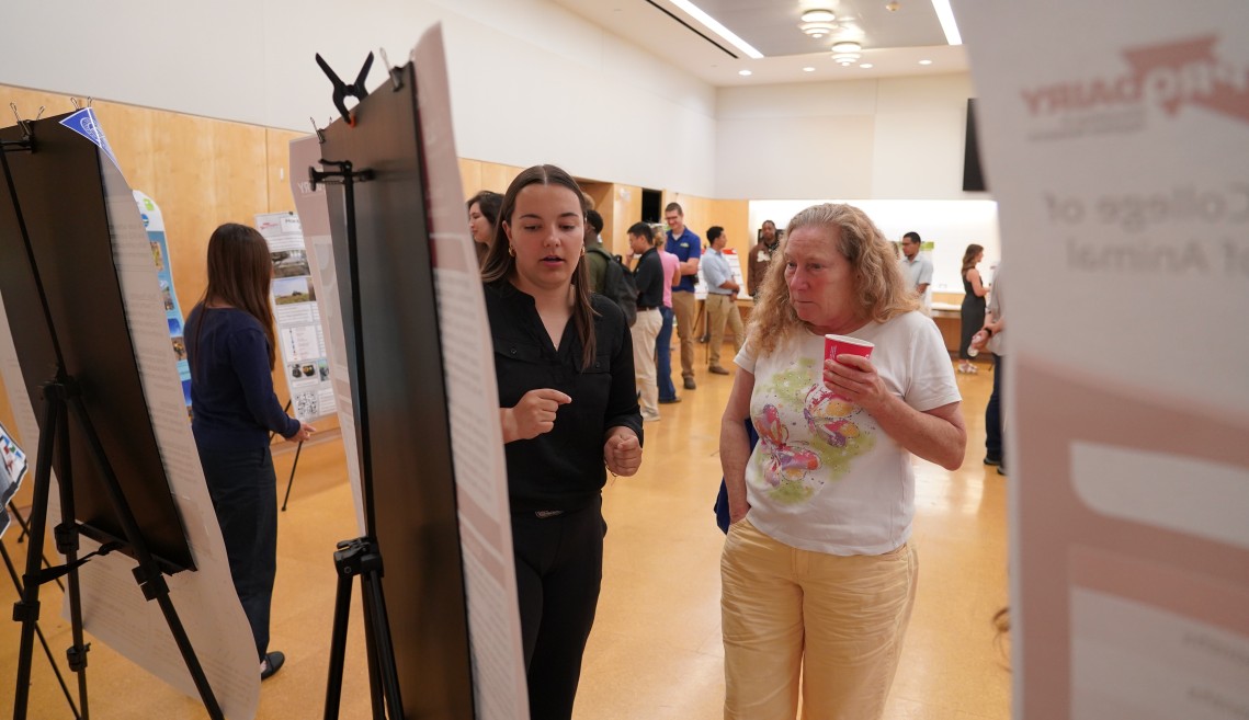A woman gestures towards her research poster while talking to another woman on her right.