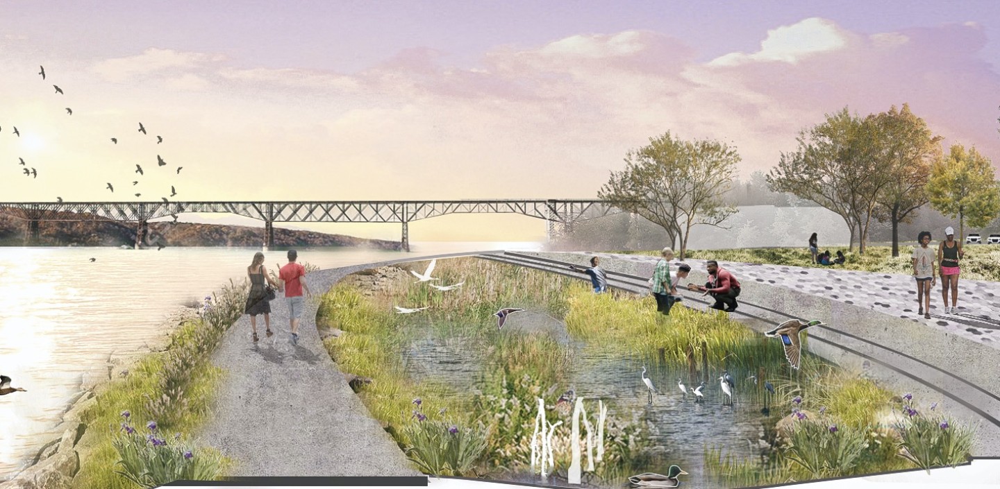 people walking along a shoreline with natural features on the Hudson River