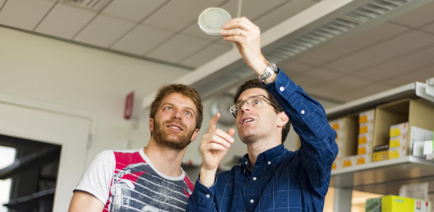 A student and a professor look at a petri dish in a lab