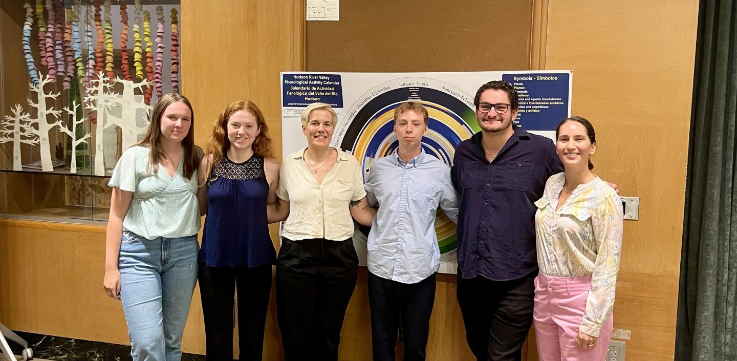 Photograph of six people posing in front of a poster in a room with light wood walls.