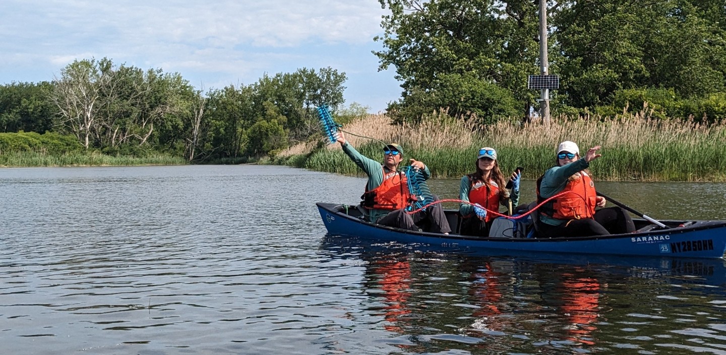 Photograph of three people in a canoe wearing orange lifejackets with one person throwing a rake like object into the water.
