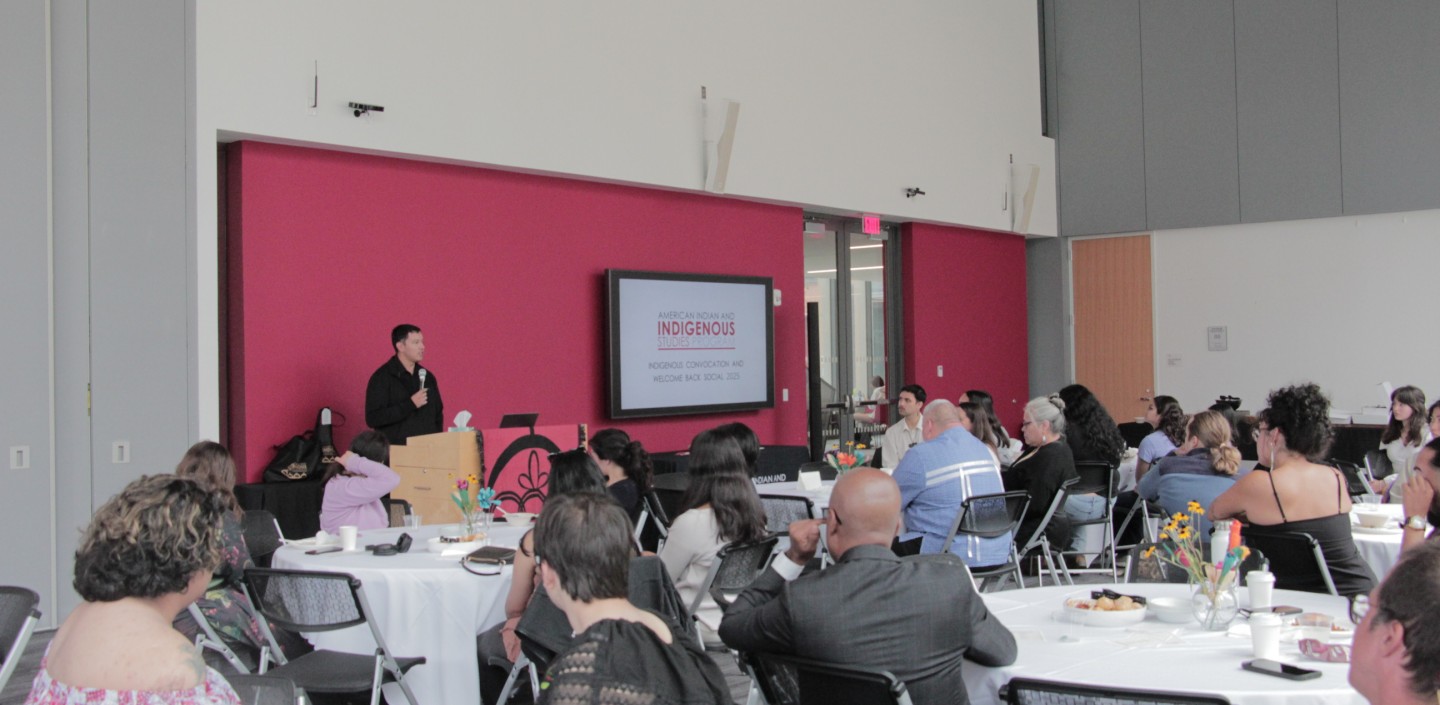 Shelby Bomberry addresses the attendees of the Indigenous Convocation and Welcome Back Social.