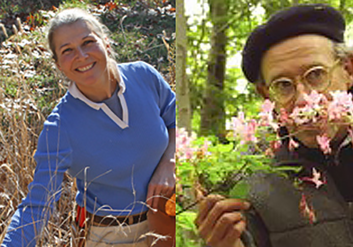 split image of two people with flowers and plants
