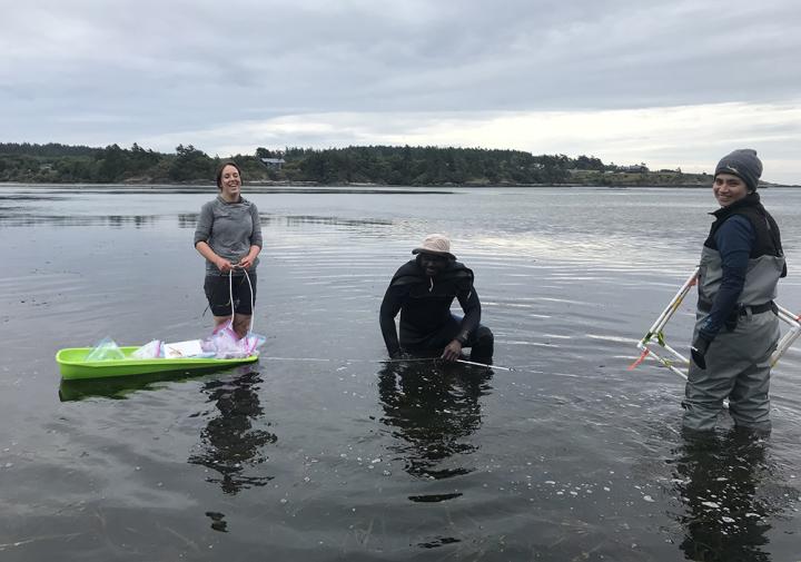 Three people standing outside in water 