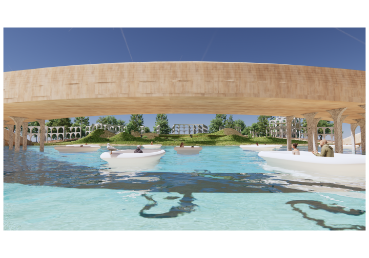 rendering of waterfront with boat and wooden bridge
