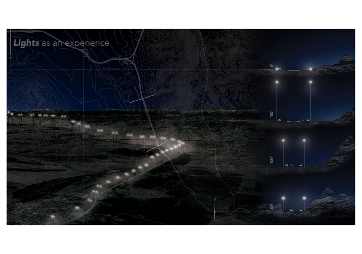 aerial drawing of highway with white annotations on right