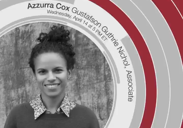 graphic of woman in grayscale photo with red and gray arches hovering