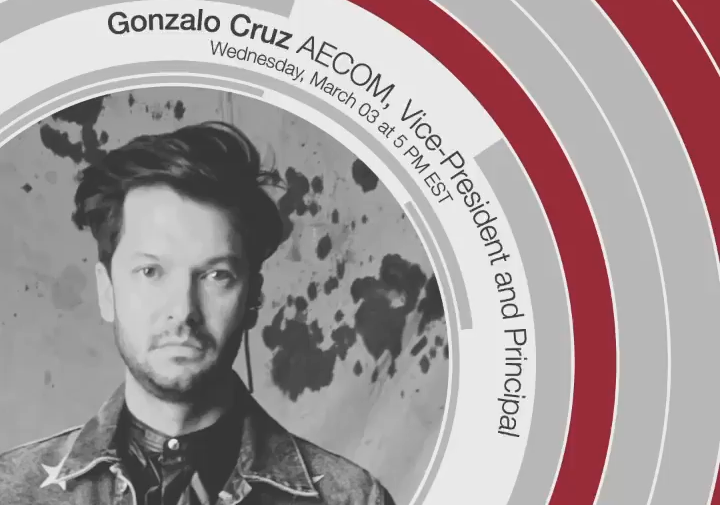 graphic of man in grayscale photo with red and gray arches hovering