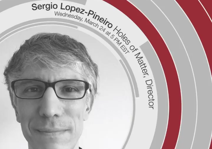 graphic of man in grayscale photo with red and gray arches hovering