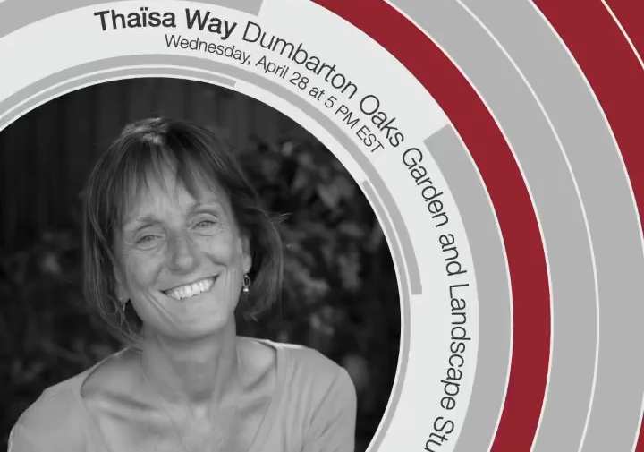 graphic of woman in grayscale photo with red and gray arches hovering