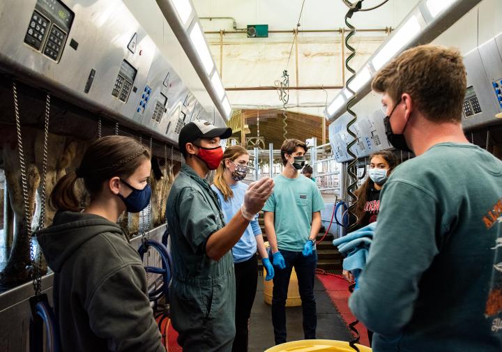 Blake with students in the milking parlor
