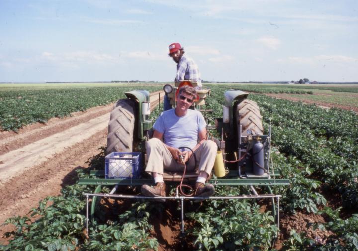 People on a tractor in a potato filed