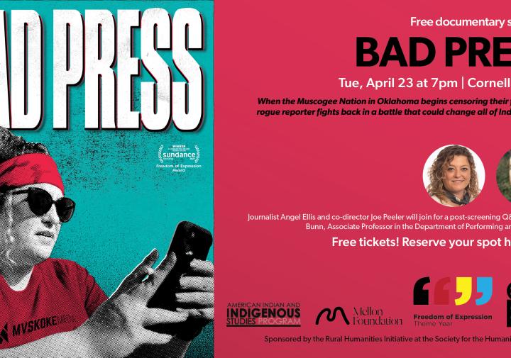 Film poster. Left side is turquoise with a woman in a bink headband holding a phone and cigarette with the text "Bad Press" above. RIght side of image is bring pink and notes "Free documentary screening Bad Press, Tue, April 23, 7pm, Cornell Cinema. Free Tickets! Reserve your spot here.