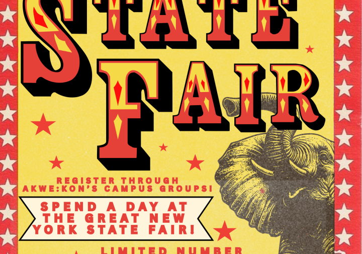 A flyer for the NY State Fair trip with an elephant and stars on it.