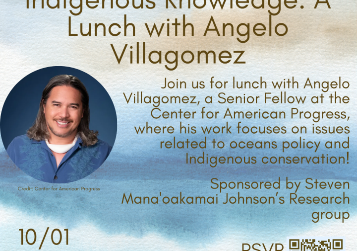 A poster for lunch with Angelo Villagomez, including text and a photo of him.