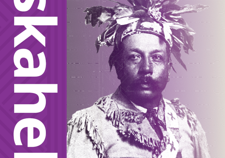 A poster for the Deskaheh in Geneva 1923-2023 Exhibit, featuring a photo of Deskaheh and a purple background.