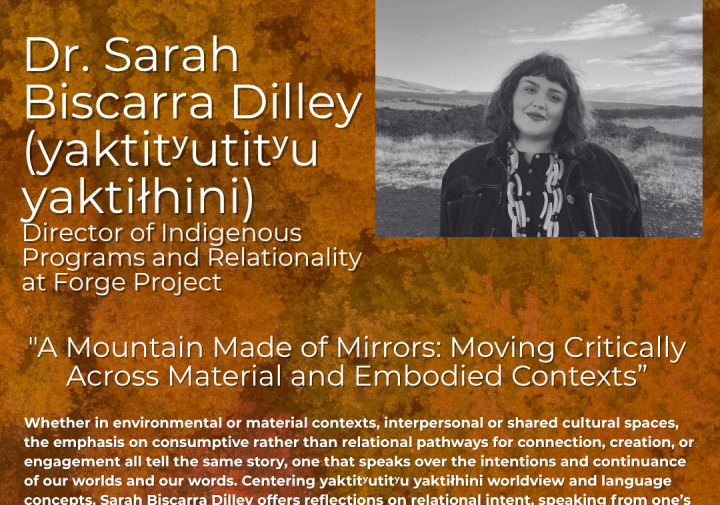 A poster for the speaker series featuring a photo of Dr. Sarah Biscarra Dilley.