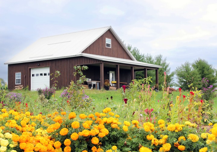 A new barn and flowers on top of a hill