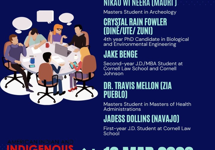 A blue poster with a discussion table.