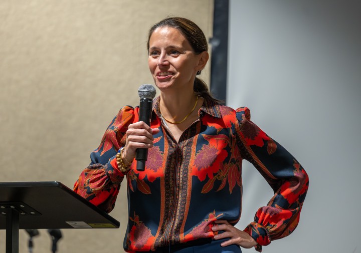  Rachel Dunifon, the Rebecca Q. and James C. Morgan Dean of the College of Human Ecology, gives opening remarks on the final day of the In-Service (Credit: R.J. Anderson/CCE) 