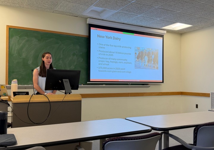 A woman presents a PowerPoint.