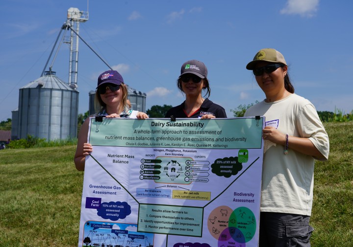 Three women stand together in a field holding a research poster on a sunny day.