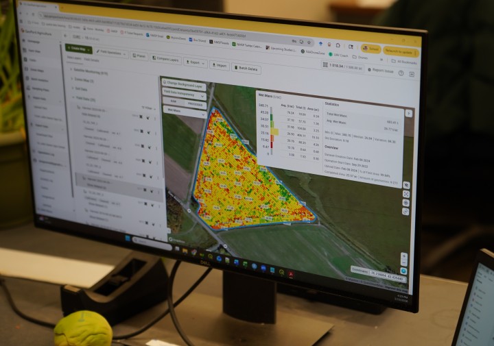A computer screen with an outline of a field in it. The field is colored in with four different colors, mostly yellow with some green and red.