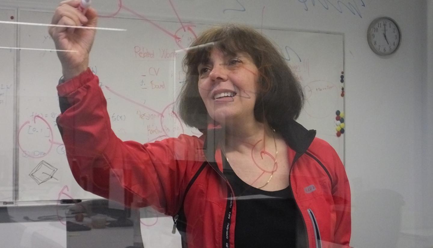 Gomes draws a diagram on a board