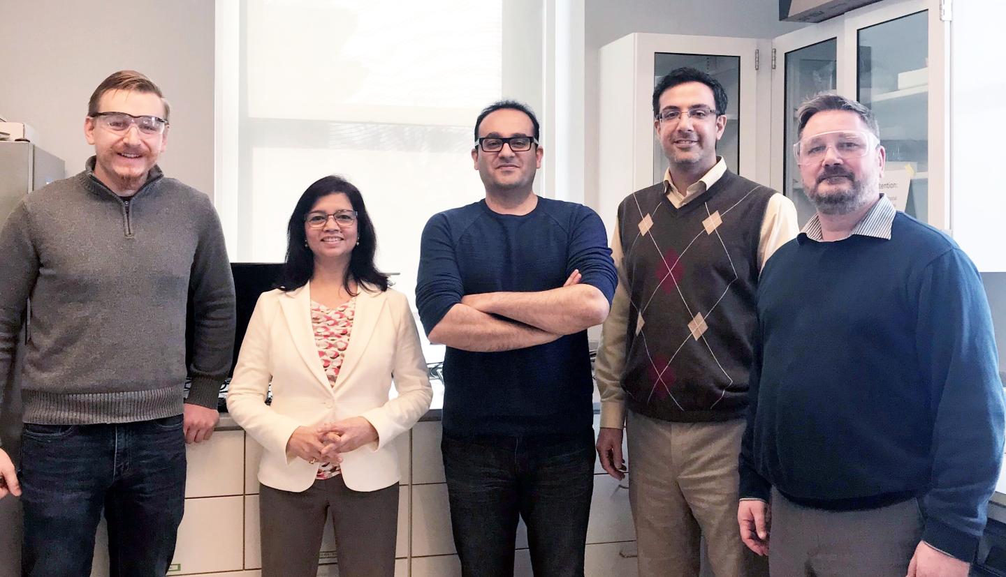 One woman and four men stand in the corner of a lab