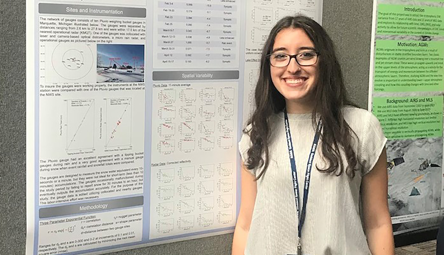 a student stands in front of a wall of science posters