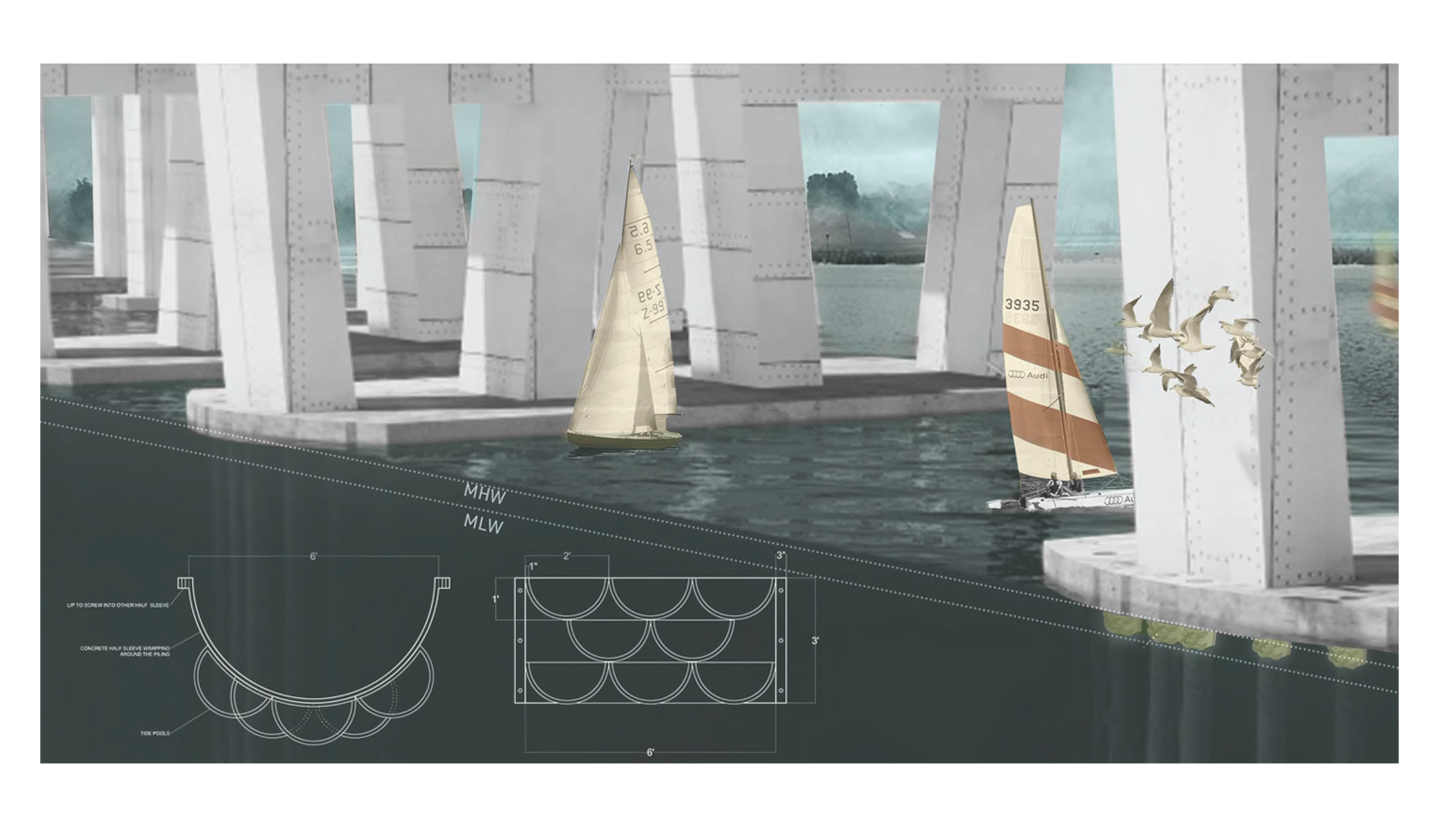 drawing of bridge underpass with water and annotation
