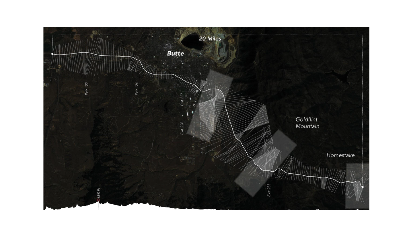 aerial drawing in black with light beams