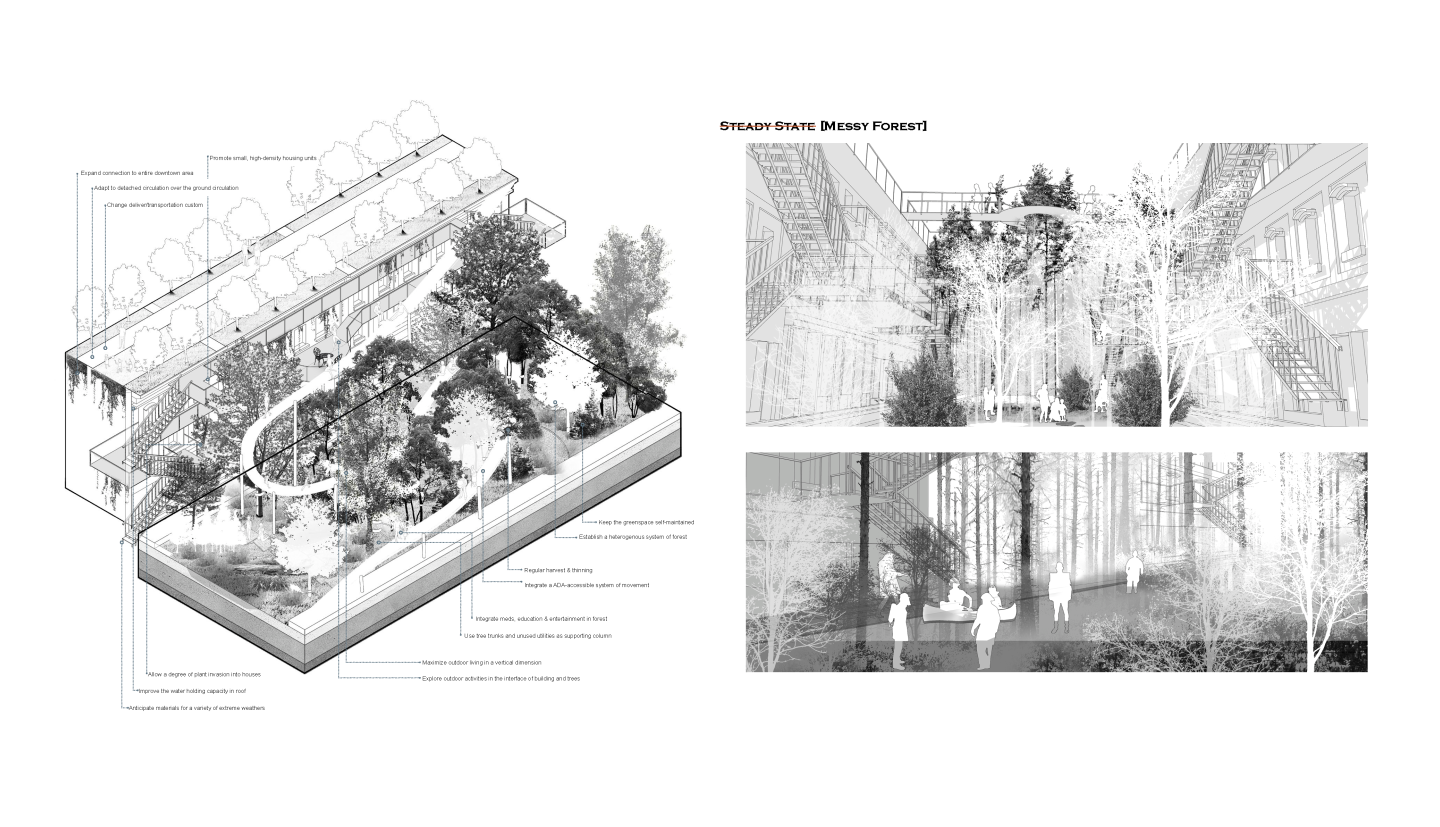 board with drawings of street with perspective views