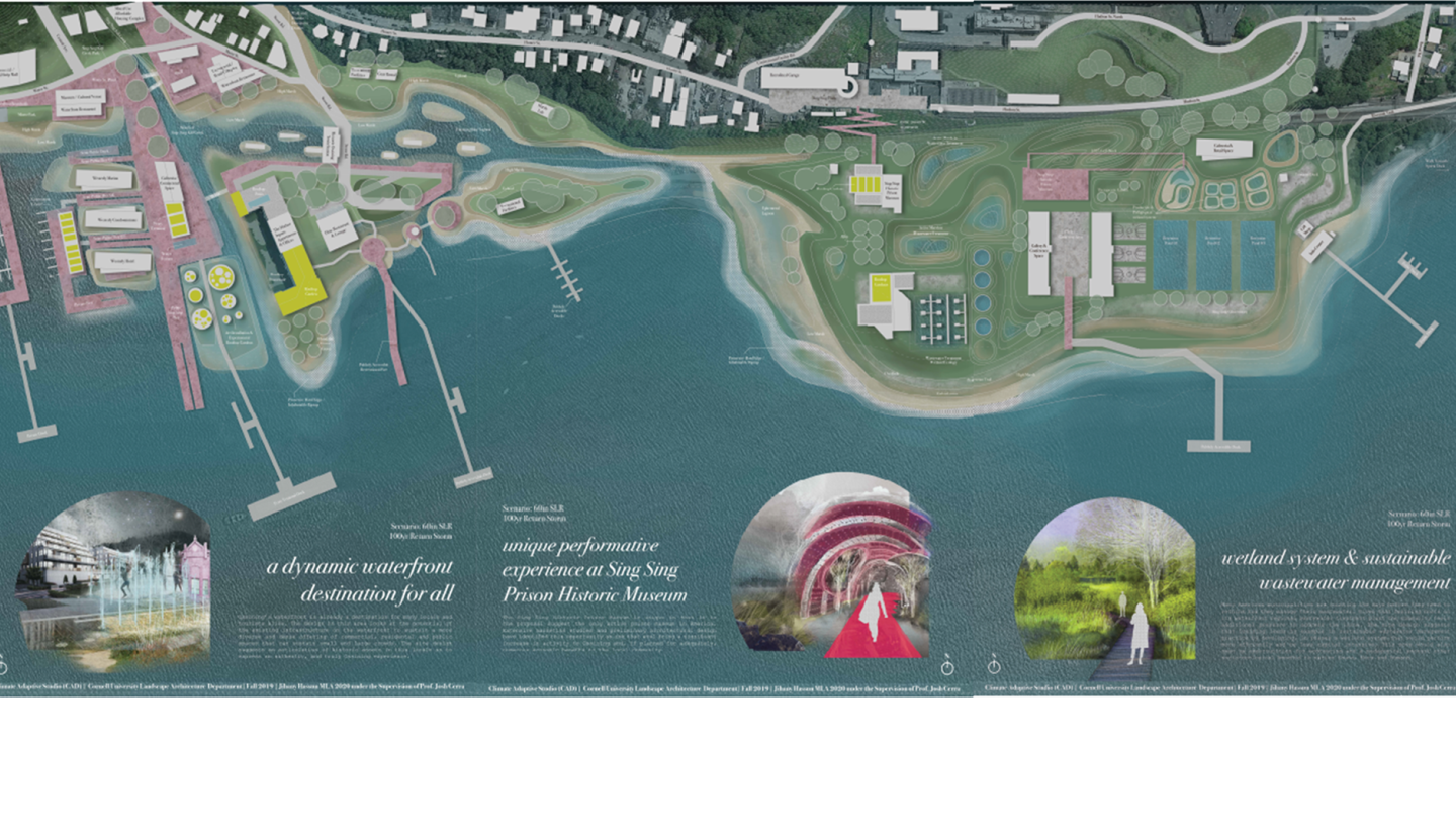 drawing of waterfront with annotations and perspective drawings