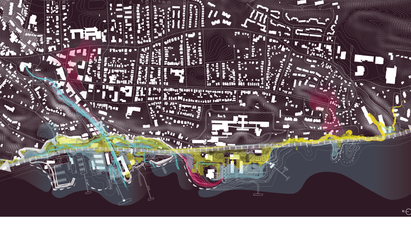 drawing in dark purple with yellow red and blue streaks