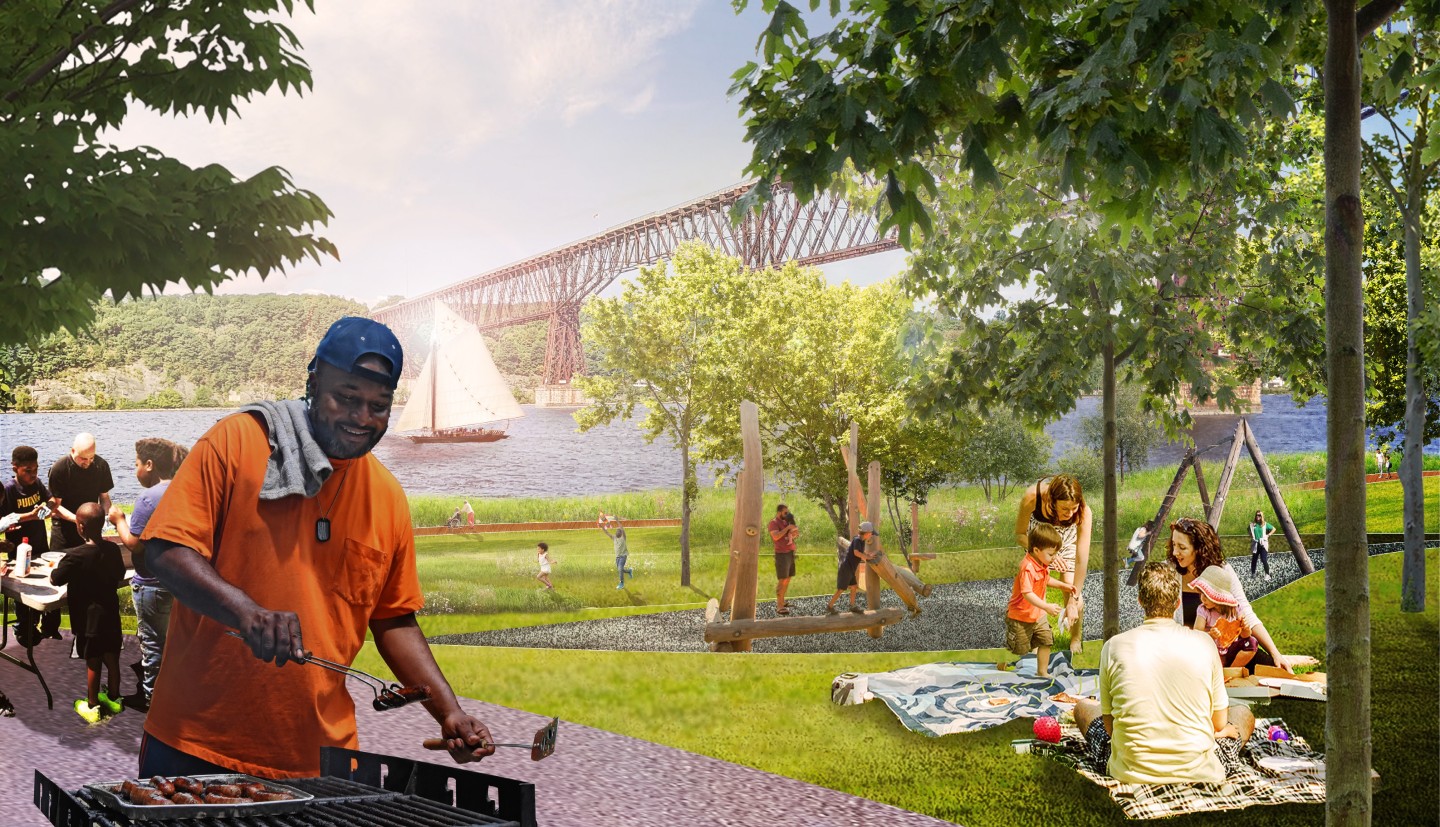 image of people enjoying a barbecue at a riverfront park with sailboat in background