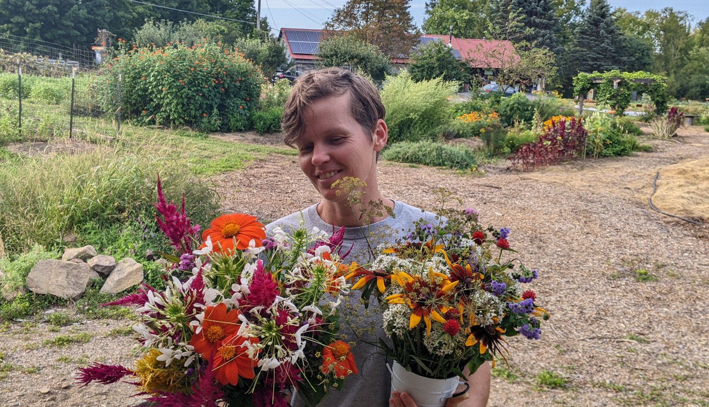 Flip with flower bouquets on the farm