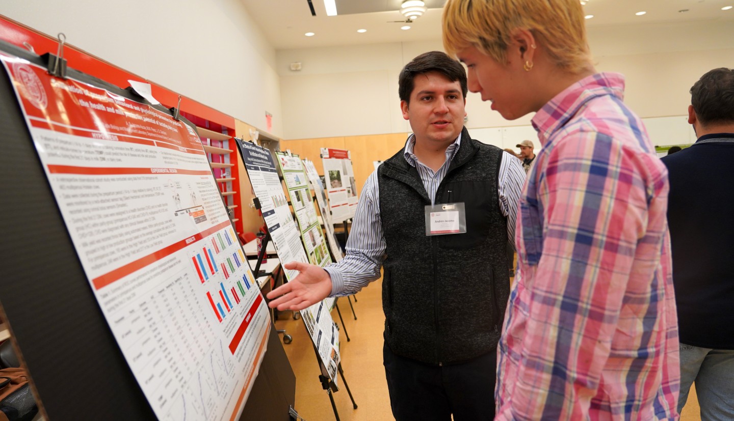 two men look at a poster