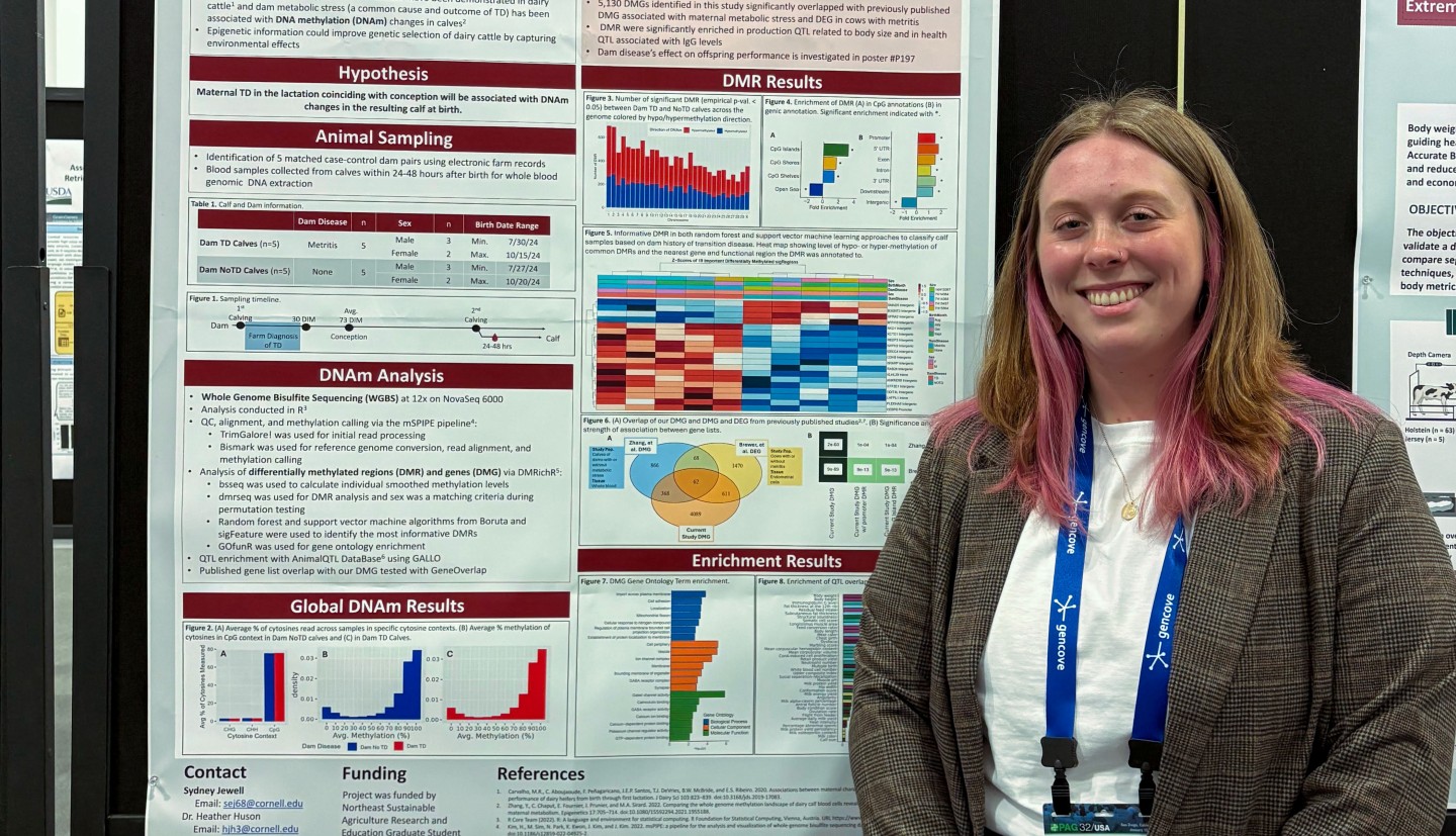 a woman stands in front of a scientific poster