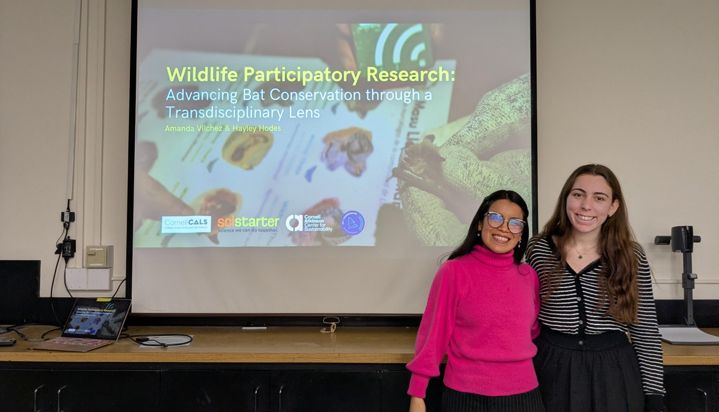 two people stand in front of screen