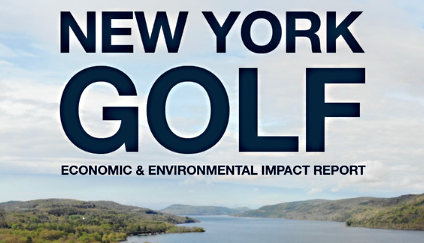 golf report cover with body of water and hills